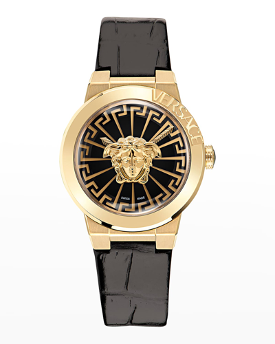 Shop Versace 38mm Medusa Infinite Leather Watch, Black In Gold