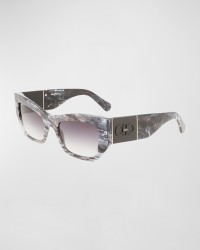 Shop Ferragamo Gancini Plaque Rectangle Acetate Sunglasses In Marble Grey