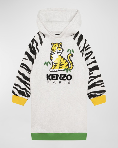 Shop Kenzo Girl's Embroidered Logo Hooded Sweater Dress In A11-grey Marl