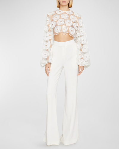 Shop Elie Saab Floral Embroidered Tulle Crop Top In Optic White