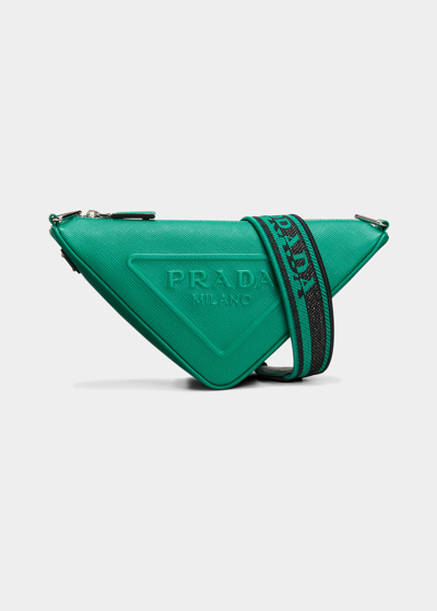 Shop Prada Men's Saffiano Leather Logo Triangle Crossbody Bag In Mango