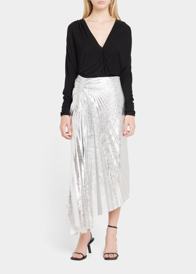 Shop A.l.c Tori Pleated Metallic Vegan Leather Midi Skirt In Silver