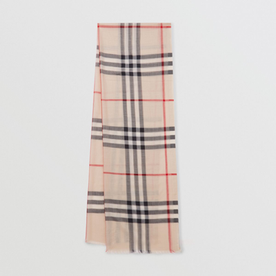 Shop Burberry Check Wool Silk Scarf In Stone