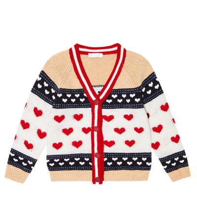Shop Monnalisa Heart Jacquard Wool Cardigan In Ecru Blu