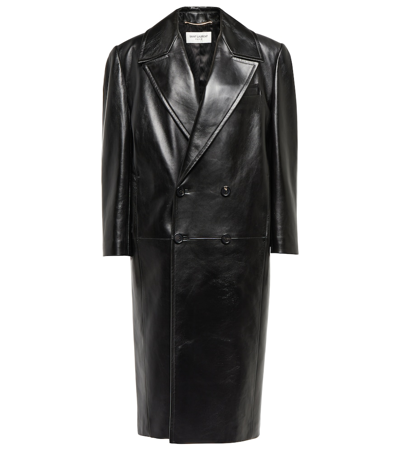 Shop Saint Laurent Leather Coat In Black