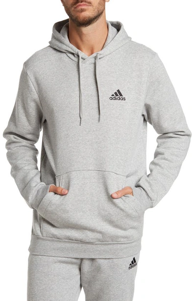 Shop Adidas Originals Feel Cozy Pullover Fleece Hoodie In Medium Grey Heather/black