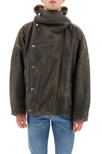 Shop Diesel 'l-luca' Padded Crackle Leather Jacket In Brown