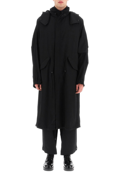 Shop Yohji Yamamoto Lightweight Wool Hooded Coat In Black