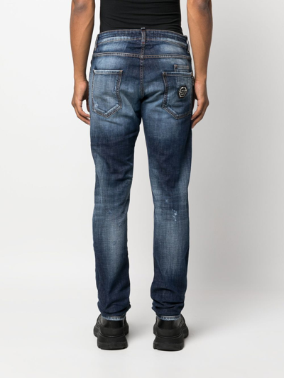 Shop Philipp Plein Premium Hexagon Low-rise Slim-cut Jeans In Blau