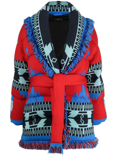 Shop Alanui Fringed-edge Belted-waist Cardigan In Red