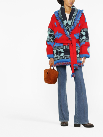 Alanui Icon Belted Fringed Quilted Wool-jacquard Down Jacket In Red