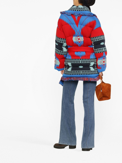 Alanui Icon Belted Fringed Quilted Wool-jacquard Down Jacket In Red