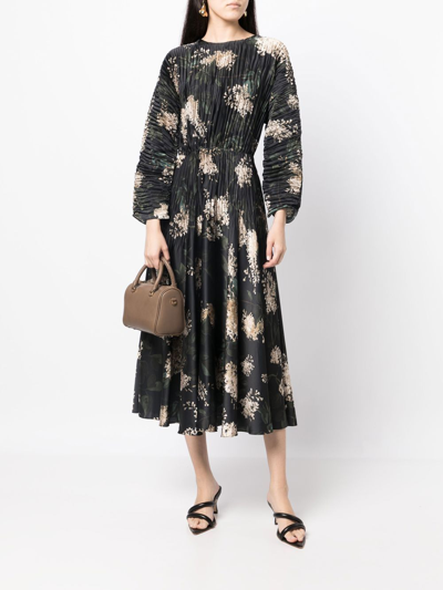 Shop Vince Pleated Floral-print Midi Dress In Black