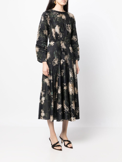 Shop Vince Pleated Floral-print Midi Dress In Black