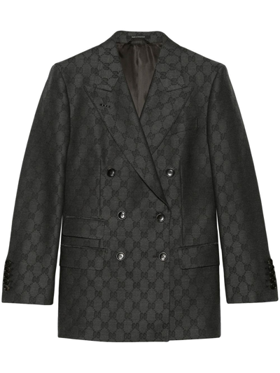 Shop Gucci Monogram-pattern Double-breasted Blazer In Black