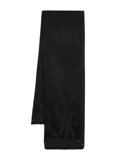Shop Saint Laurent Jacquard-logo Wool Scarf In Black