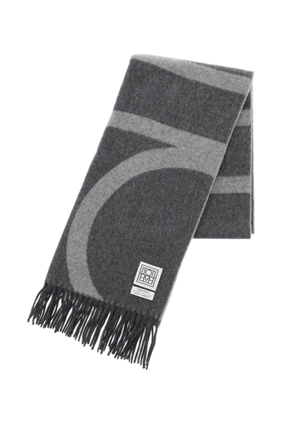 Shop Totême Toteme Monogram Jacquard Wool Scarf In Grey