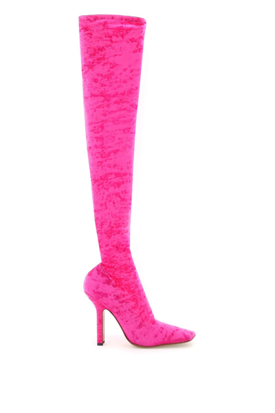 Shop Vetements Velvet Over-the-knee Boomerang Boots In Fuchsia