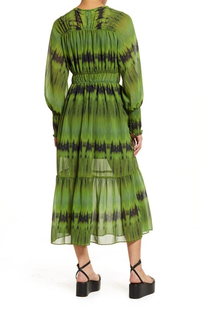 Shop Topshop Tie Dye Long Sleeve Tiered Midi Dress In Mid Green