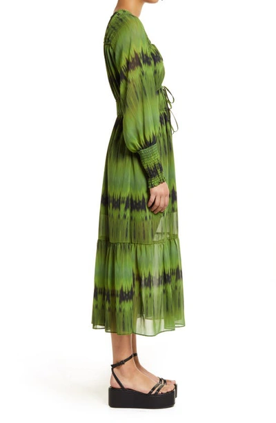 Shop Topshop Tie Dye Long Sleeve Tiered Midi Dress In Mid Green