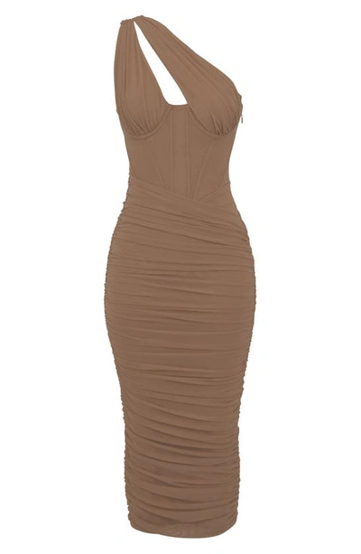 House Of Cb Valentina Asymmetric Cutout One-shoulder Midi Dress In Mocha