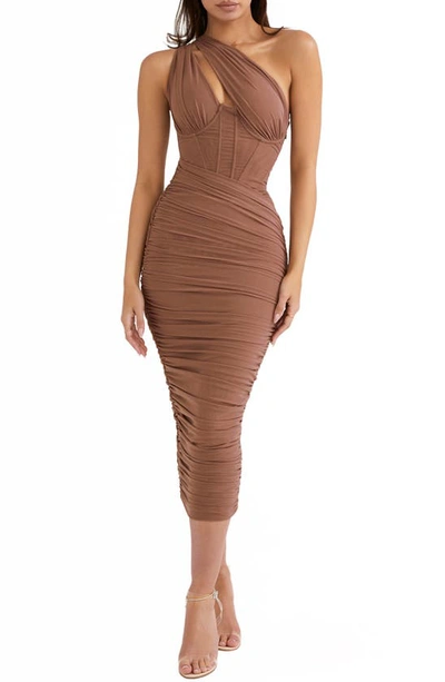 House Of Cb Valentina Asymmetric Cutout One-shoulder Midi Dress In Mocha