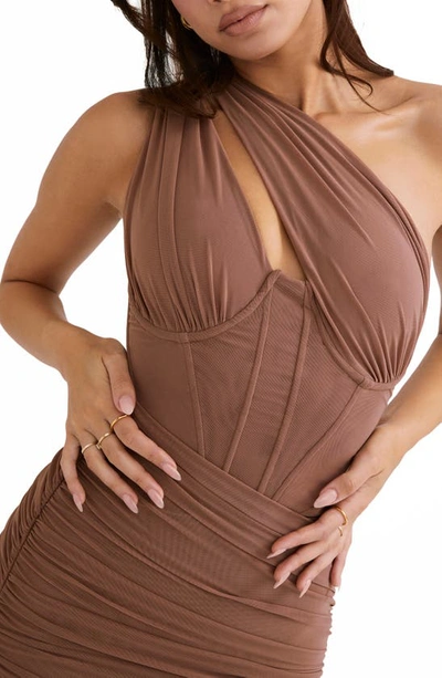 Shop House Of Cb Valentina Asymmetric Cutout One-shoulder Midi Dress In Mocha