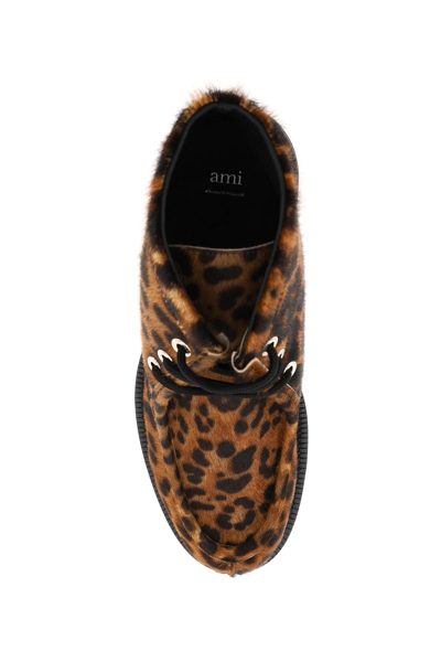 Shop Ami Alexandre Mattiussi Ami Paris Leopard Calfhair Lace-up Ankle Boots In Multicolor