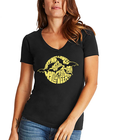Shop La Pop Art Women's Halloween Bats Word Art V-neck T-shirt In Black
