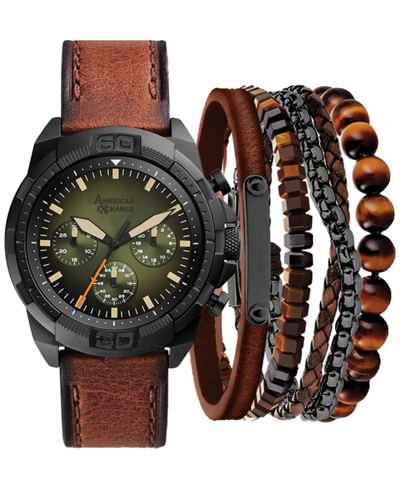 Shop American Exchange Men's Cognac Faux-leather Strap Watch 51mm Gift Set In Brown