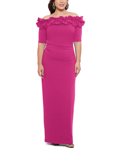 Shop Xscape Plus Size Ruffled Off-the-shoulder Gown In New Fushia