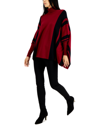 Shop Alfani Striped Turtleneck Poncho Sweater, Created For Macy's In Red Burgundy