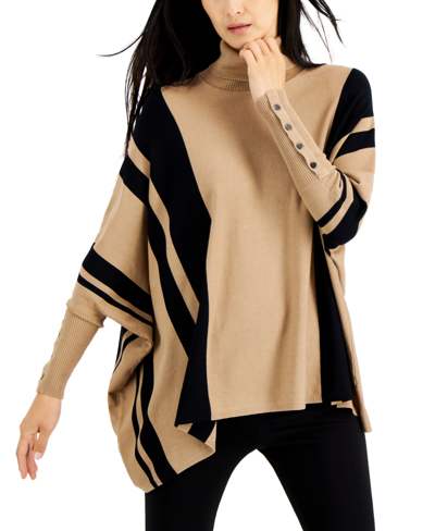 Shop Alfani Striped Turtleneck Poncho Sweater, Created For Macy's In New Fawn