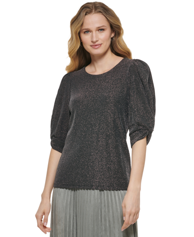 Shop Dkny Women's Gathered Puff-sleeve Crewneck Top In Silver/black