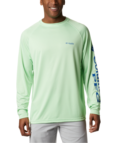 Shop Columbia Pfg Men's Terminal Tackle Upf 50 Quick Dry Shirt In Deep Marine/laser Lemon Logo
