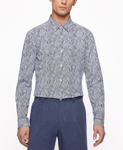 Shop Hugo By  Boss Men's Slim-fit Leaf-print Shirt In Dark Blue
