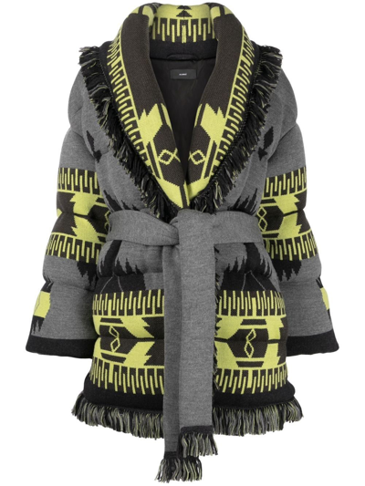 Shop Alanui Icon Jacquard Belted Puffer Jacket In Grey