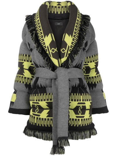 Alanui Icon Belted Fringed Quilted Wool-jacquard Down Jacket In Grey