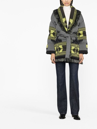 Alanui Icon Belted Fringed Quilted Wool-jacquard Down Jacket In Grey