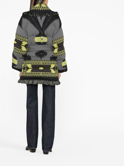 Alanui Icon Belted Fringed Quilted Wool-jacquard Down Jacket In Grey