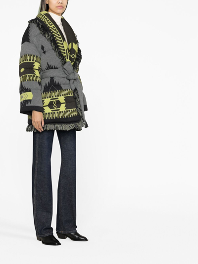 Alanui Icon Belted Fringed Quilted Wool-jacquard Down Jacket In Grey