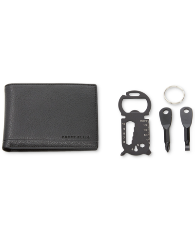 Shop Perry Ellis Portfolio Men's Pebble Wallet & Keychain Tools In Black