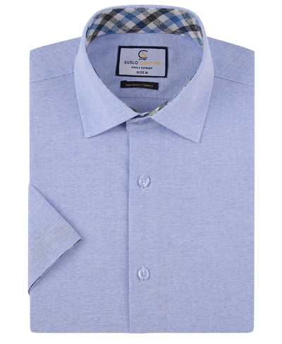 Shop Suslo Couture Men's Slim Fit Linen Look Short Sleeve Button Down Shirt In Sky Blue