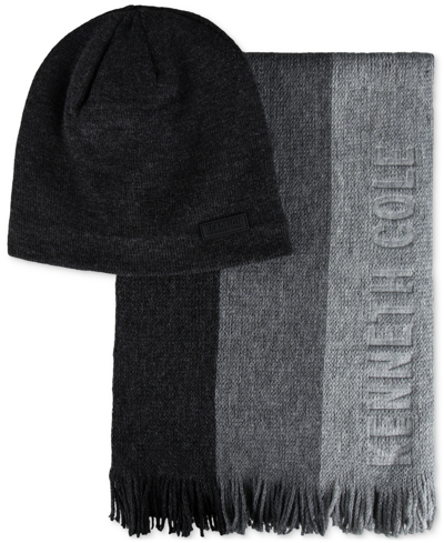 Shop Kenneth Cole Reaction Men's Stripe Logo Scarf & Beanie In Charcoal