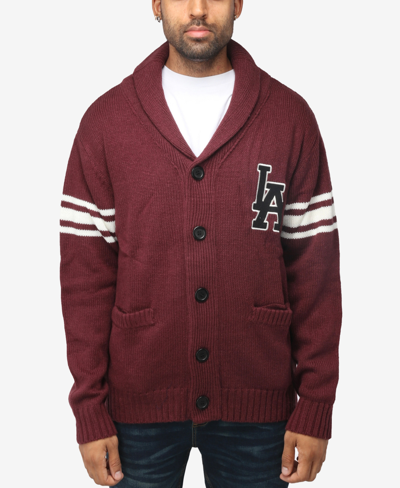 Shop X-ray Men's Shawl Collar Heavy Gauge Cardigan With City Patch In Burgundy