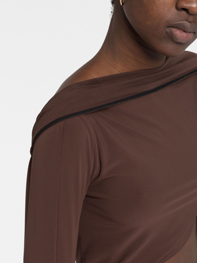 Shop Jacquemus Asymmetric Cropped Bodysuit In Brown