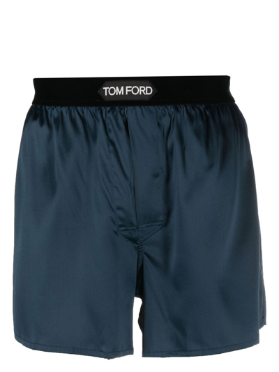 Shop Tom Ford Logo-waist Satin Boxers In Blue