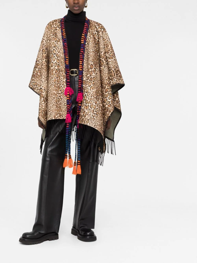 Etro Leopard Print Fringe Wool Poncho In Neutrals