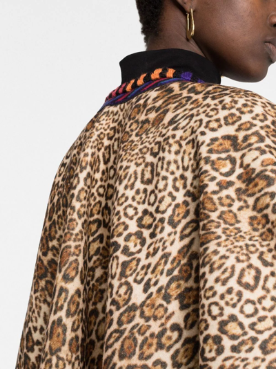 Etro Leopard Print Fringe Wool Poncho In Neutrals