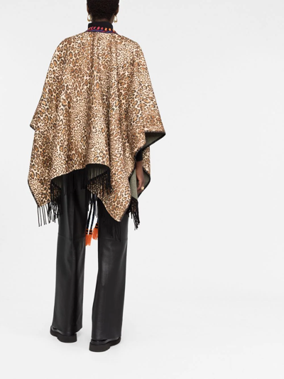 Etro Leopard Print Fringe Wool Poncho In Neutrals